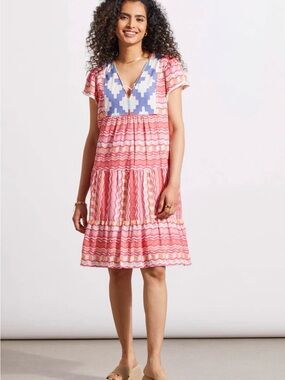 Tribal Coral & Blue Printed V-Neck Dress